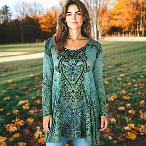 One World Paisley Tunic 2X Top Plus Size Teal Long‎ Sleeve Bohemian Flowy Indie